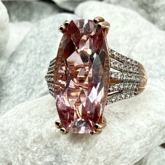 Morganite Cushion Cut Ring Rose Gold Over Sterling CZ Pave Size 7 - Picture 1 of 17